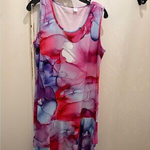 Dolcezza Sleeveless Pink Purple blue Abstract Print flutter hem Dress. NWT L, XL